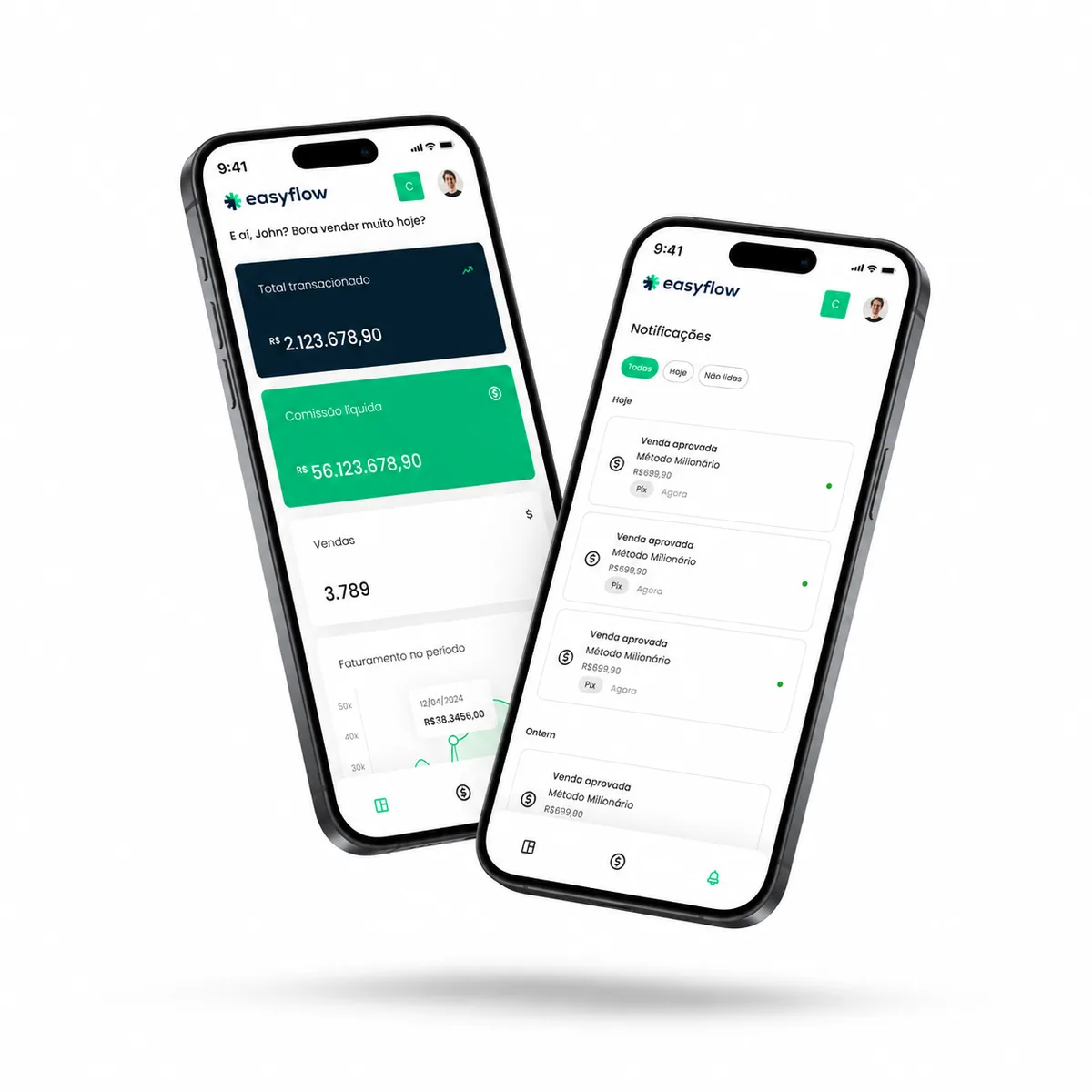 App Easyflow em dois iPhones — dashboard de vendas e tela de notificações